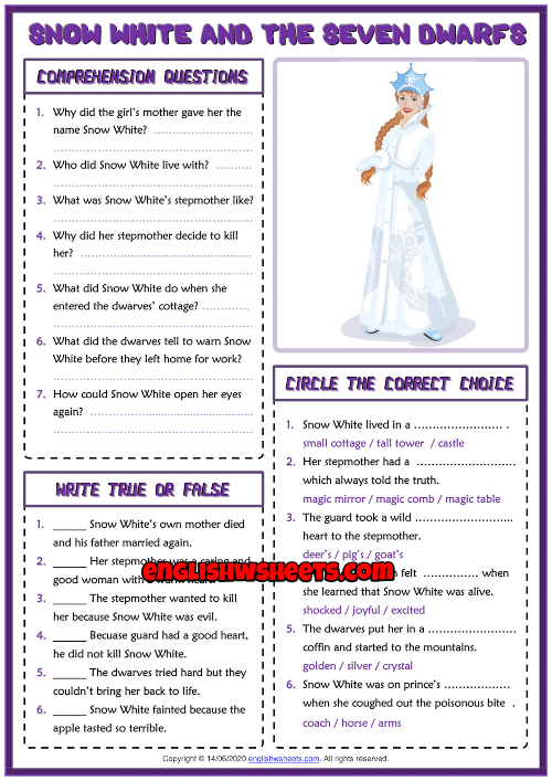 snow white and the seven dwarfs esl reading comprehension questions