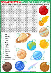 Solar System ESL Printable Word Search Puzzle Worksheet
