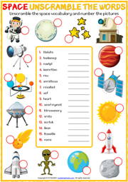Space Vocabulary ESL Printable Unscramble the Words Worksheet