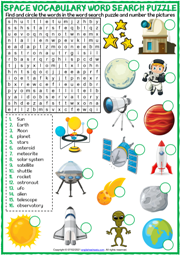 Space Vocabulary ESL Printable Word Search Puzzle Worksheet