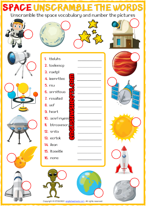 space vocabulary esl printable unscramble the words worksheet