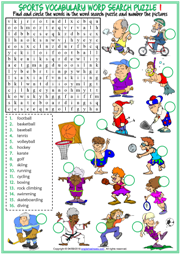 Sports ESL Printable Word Search Puzzle Worksheets For Kids