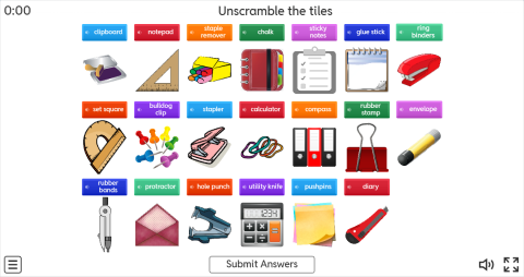 Stationery Objects ESL Interactive Unscramble Worksheet