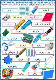 Stationery Objects ESL Missing Letters In Words Worksheets