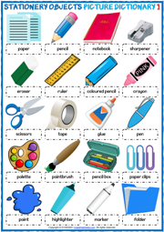 Stationery Objects ESL Printable Picture Dictionary Worksheets