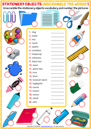 Stationery Objects ESL Unscramble the Words Worksheets