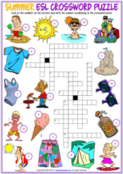 Summer ESL Printable Crossword Puzzle Worksheet For Kids