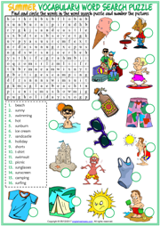 Summer ESL Printable Word Search Puzzle Worksheet