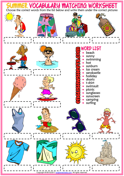 Summer Esl Vocabulary Matching Exercise Worksheet