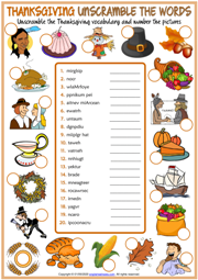 Thanksgiving ESL Printable Unscramble the Words Worksheet