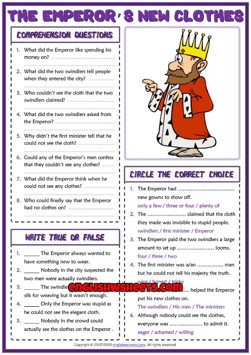 The Emperor's New Clothes ESL Reading Comprehension Questions Worksheet
