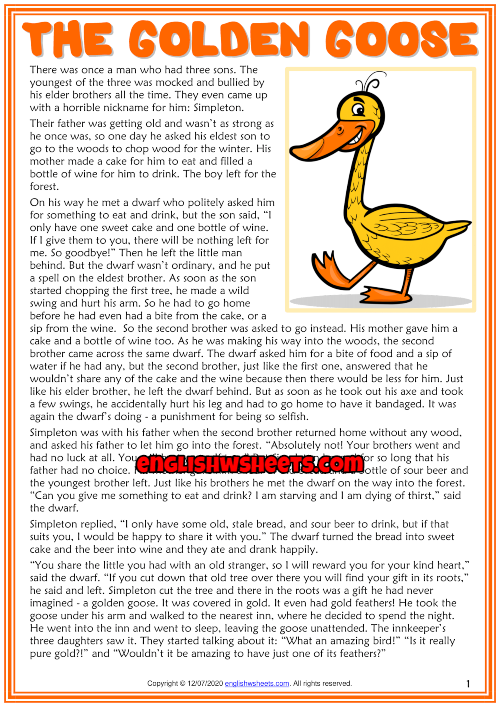 The Golden Goose ESL Reading Text Worksheet For Kids