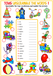 Toys ESL Printable Unscramble the Words Worksheets