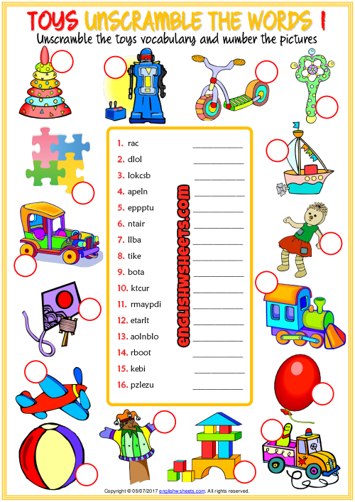 toys esl printable unscramble the words worksheets