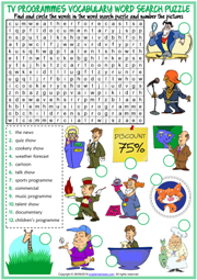 TV Programmes ESL Word Search Puzzle Worksheet For Kids