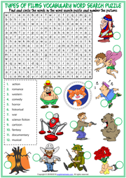 Types of Films ESL Word Search Puzzle Worksheet For Kids