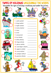 Holiday Types ESL Unscramble the Words Worksheet For Kids
