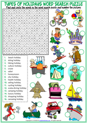 Holiday Types ESL Printable Word Search Puzzle Worksheet