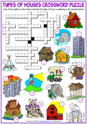 Types of Houses ESL Printable Crossword Puzzle Worksheet