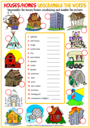 Types of Houses ESL Unscramble the Words Worksheet