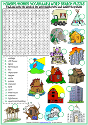 Types of Houses ESL Printable Word Search Puzzle Worksheet