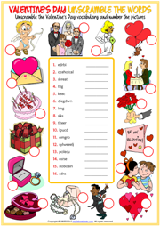 Valentine's Day ESL Unscramble the Words Worksheet