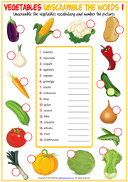 Vegetables ESL Unscramble the Words Worksheets For Kids