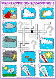Weather Conditions ESL Printable Crossword Puzzle Worksheet