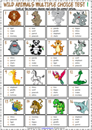 Wild Animals ESL Printable Multiple Choice Tests For Kids