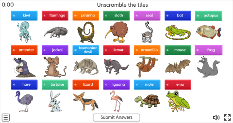 Wild Animals ESL Interactive Unscramble Worksheet