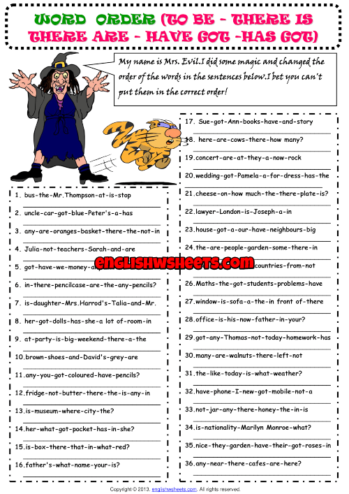 Word Order ESL Grammar Exercise Worksheet For Kids