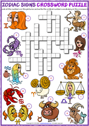 Zodiac Signs ESL Printable Crossword Puzzle Worksheet