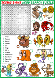 Zodiac Signs ESL Printable Word Search Puzzle Worksheet